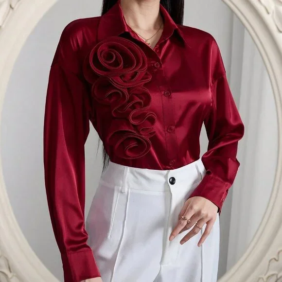 Burgundy Elegant Women's Patched Long Sleeve Shirt